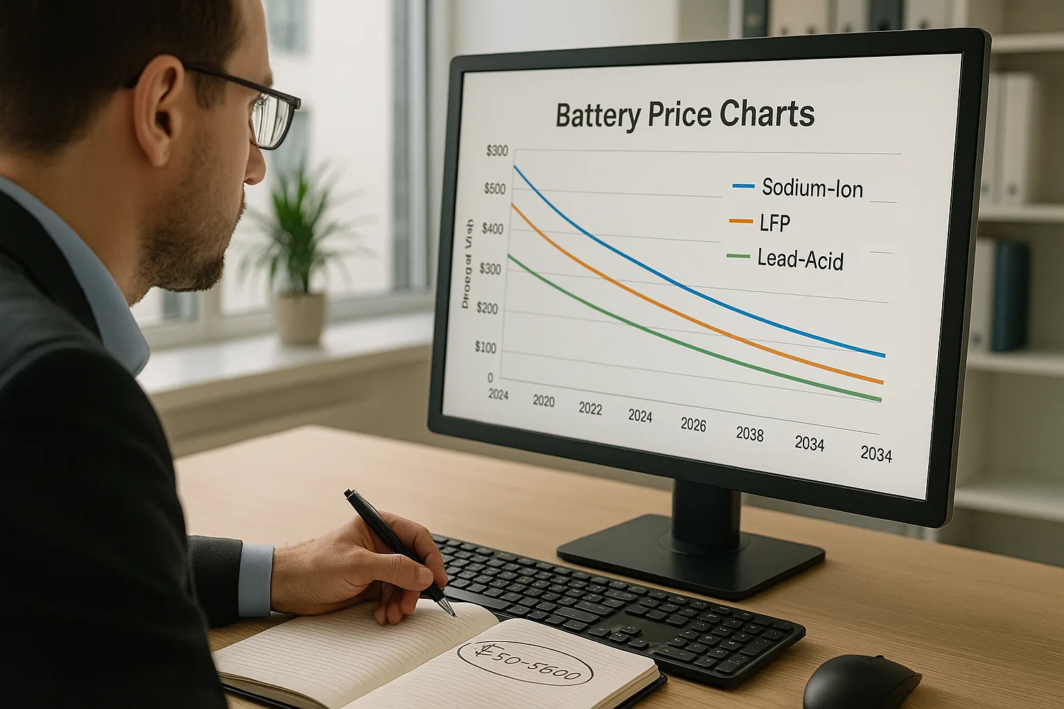 Business analyst studying battery price comparison chart for sodium-ion, LFP, and lead-acid chemistries