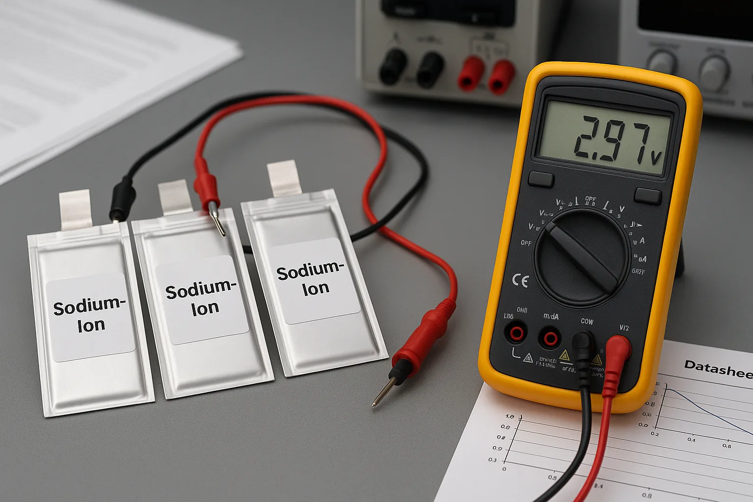Three labeled sodium-ion battery cells connected to a multimeter showing 2.97V, with a datasheet showing voltage and capacity graphs.
