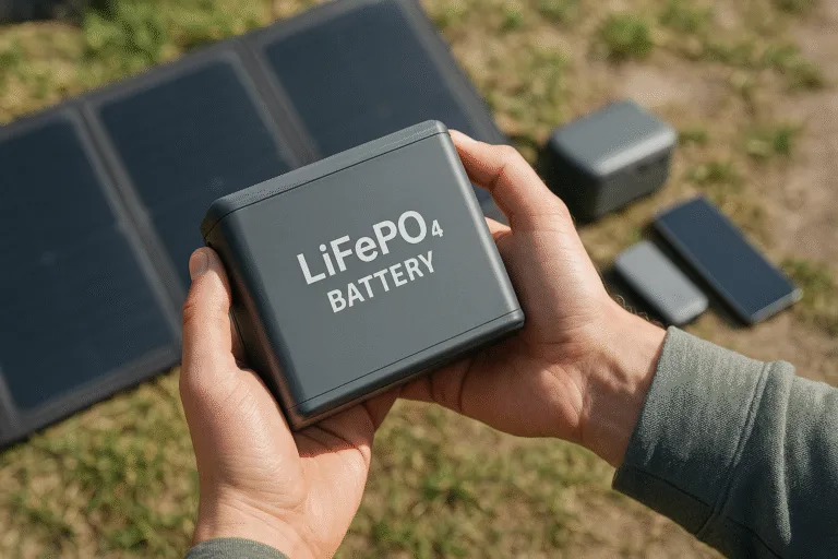 A person holding a compact LiFePO₄ battery with solar panels and portable electronics in the background