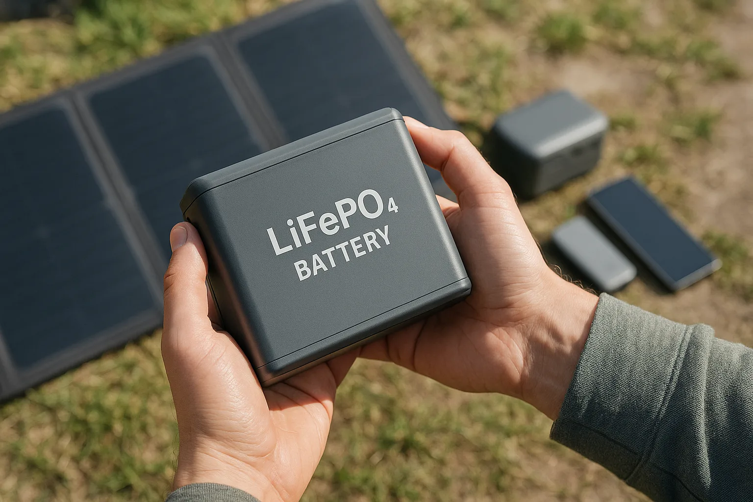 A person holding a compact LiFePO₄ battery with solar panels and portable electronics in the background
