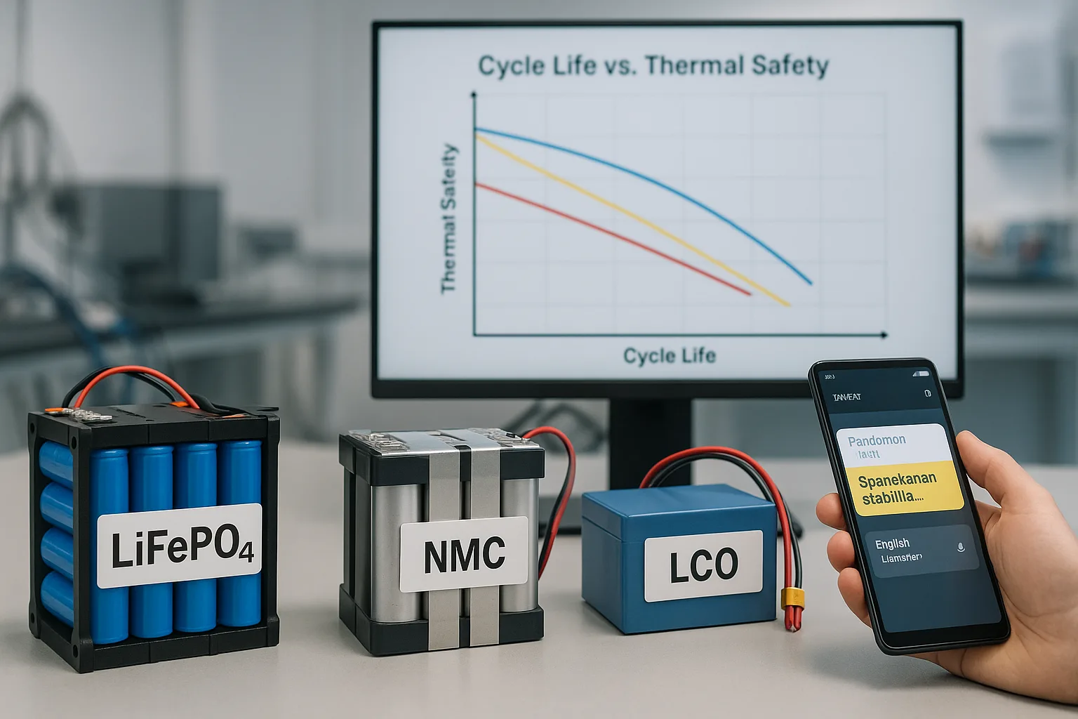 Side-by-side comparison of LiFePO₄, NMC, and LCO battery packs on a lab bench with cycle life vs. thermal safety graph
