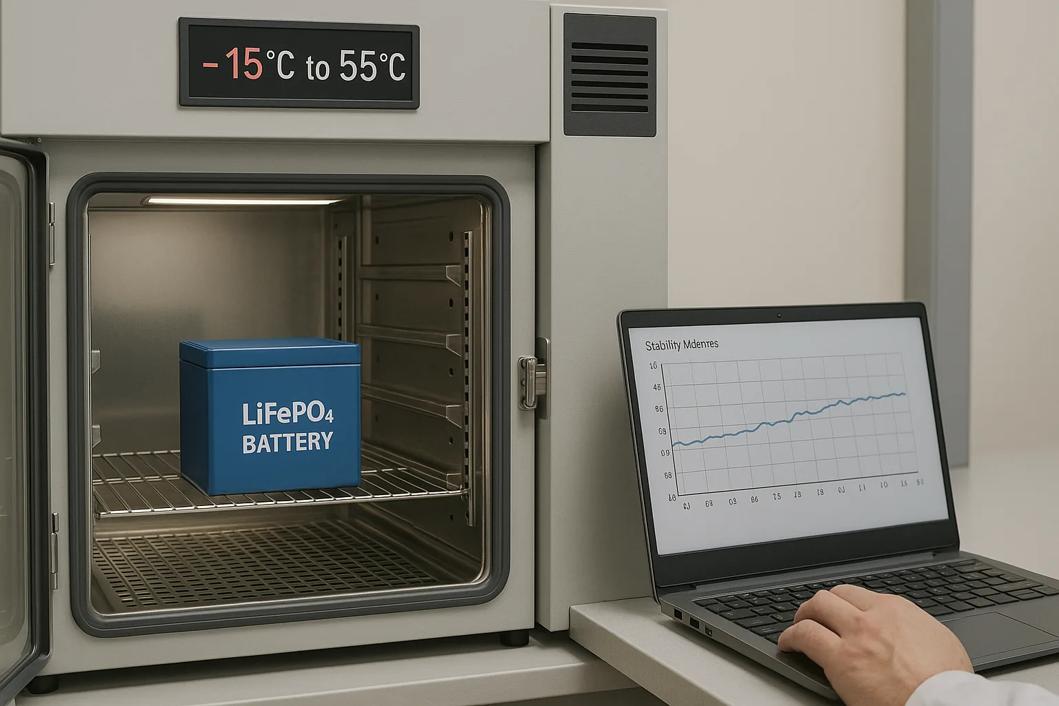  LiFePO₄ battery being tested inside a climate chamber with temperature range -15°C to 55°C and stability graph on a laptop