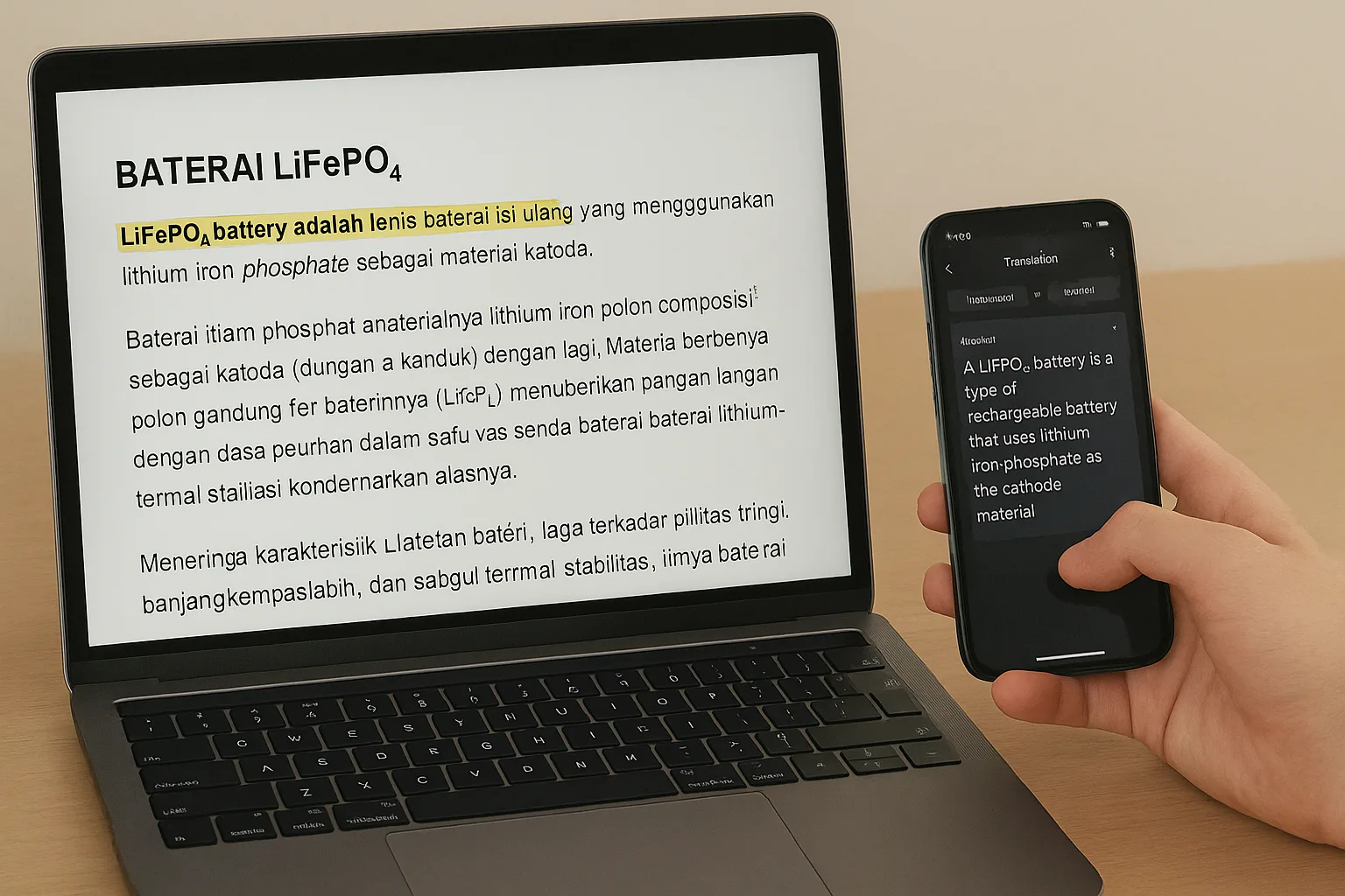  Laptop screen showing Indonesian technical document with highlighted “LiFePO₄ battery adalah” and translated definition on a phone