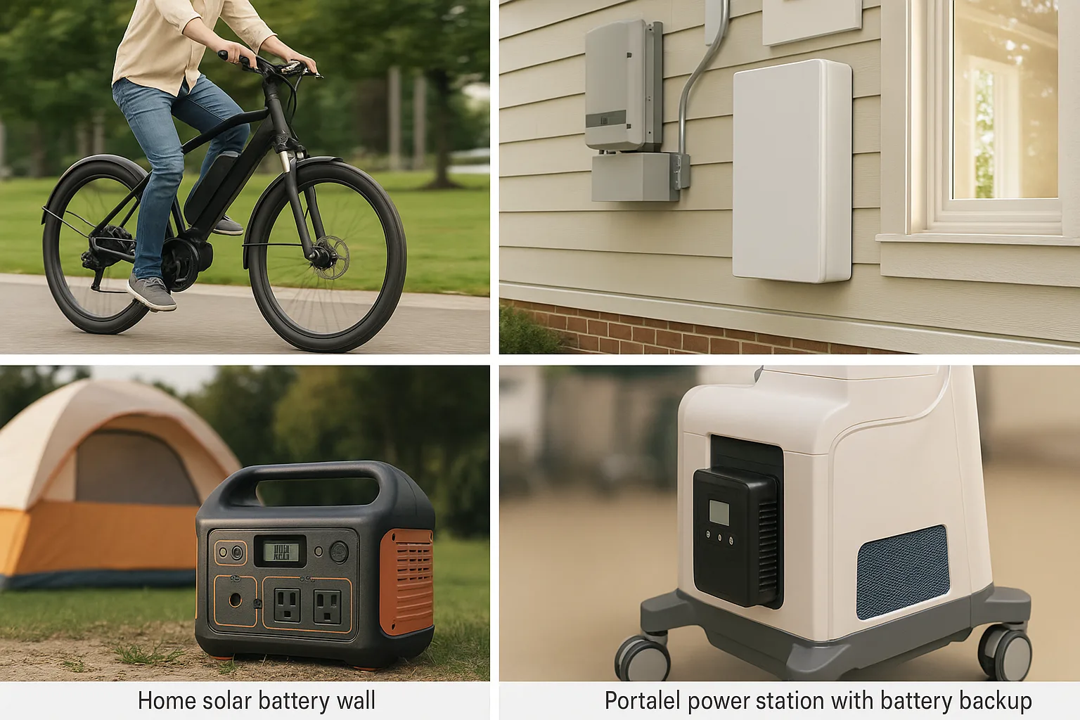 Real-world applications of LiFePO₄ batteries including an e-bike, home solar battery wall, portable power station, and hospital device