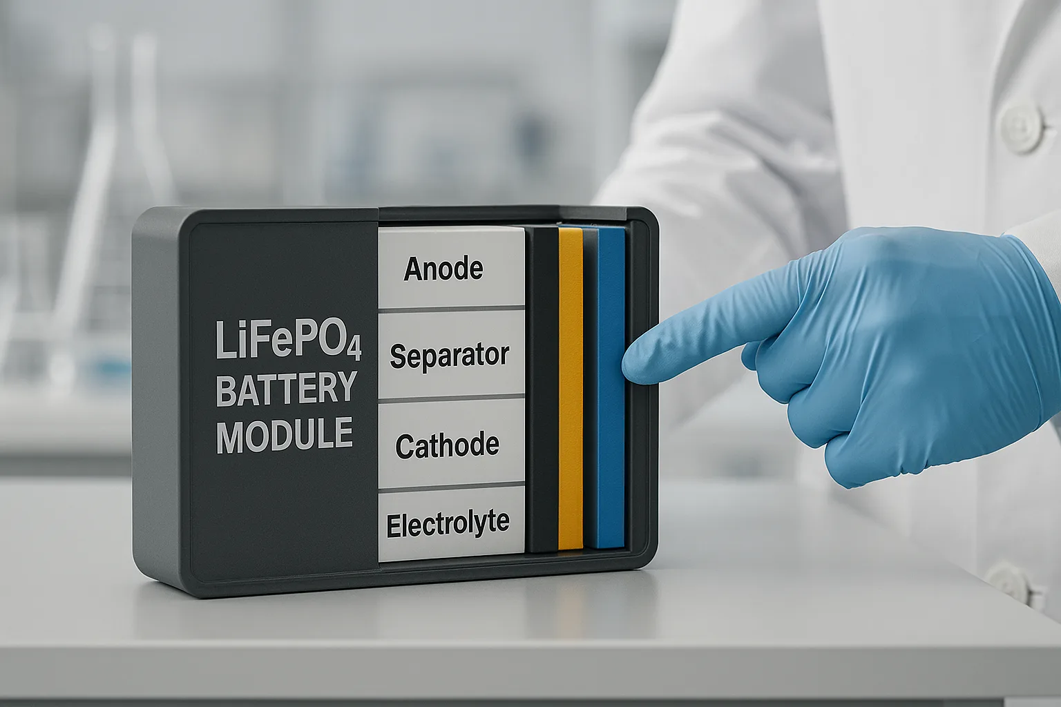 A gloved technician pointing at a labeled LiFePO₄ battery module cutaway showing anode, separator, cathode, and electrolyte