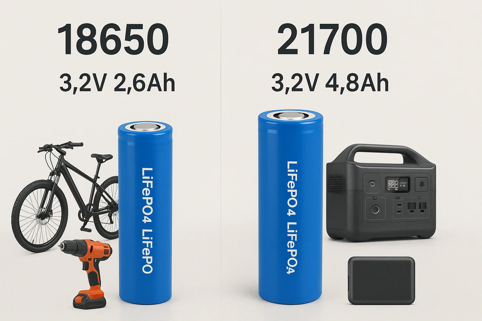 Comparison between 18650 and 21700 LiFePO₄ battery cells with voltage, capacity, and device applications