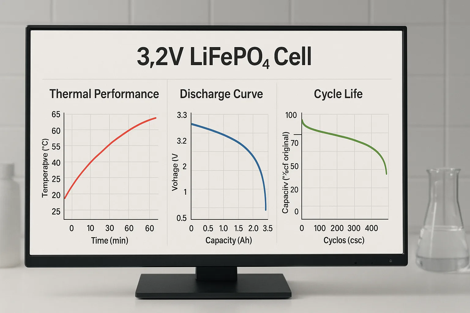 Lab monitor showing thermal, discharge, and cycle performance graphs of a 3.2V LiFePO₄ cell