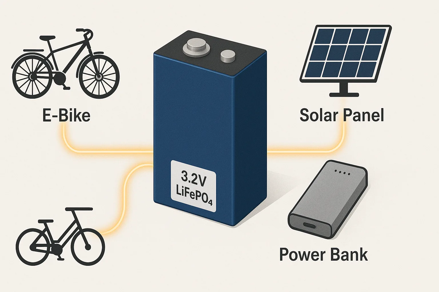 Labeled 3.2V LiFePO₄ cell connected to e-bike, solar panel, and power bank with glowing lines
