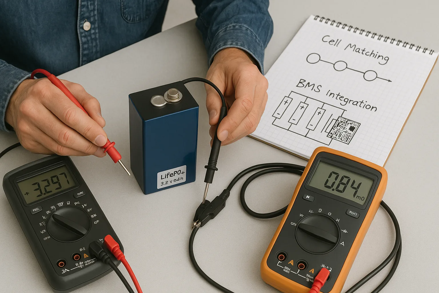Engineer testing a LiFePO₄ cell using a multimeter and resistance tester with cell matching notes