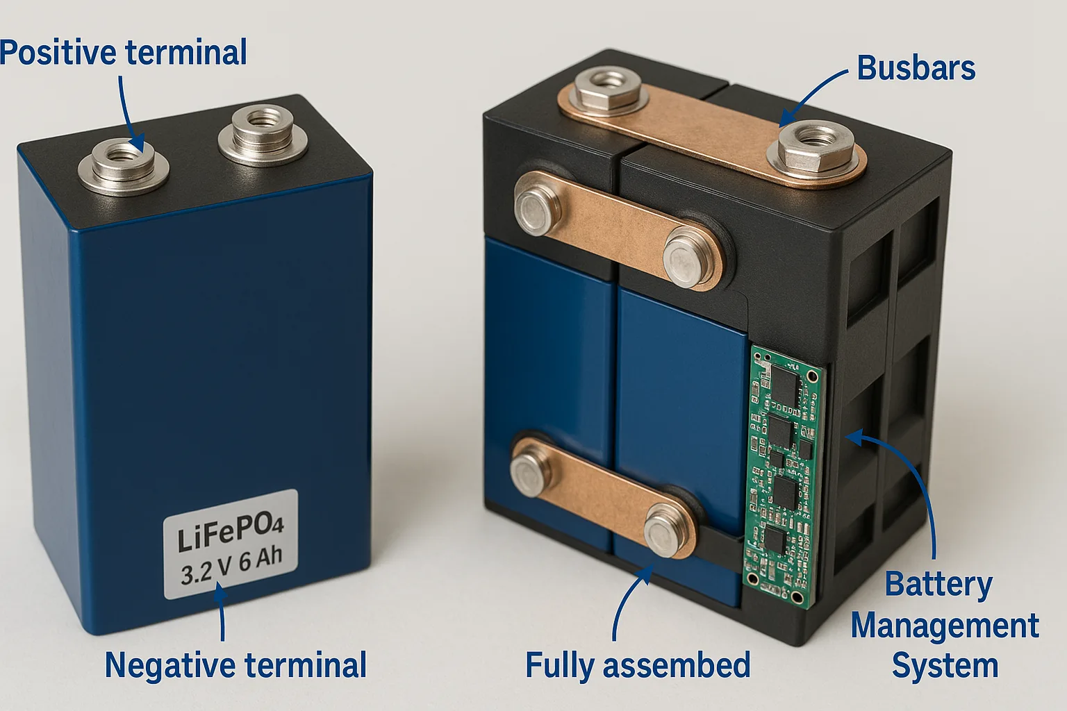 Disassembled LiFePO₄ cell next to a fully assembled pack with labeled terminals and BMS