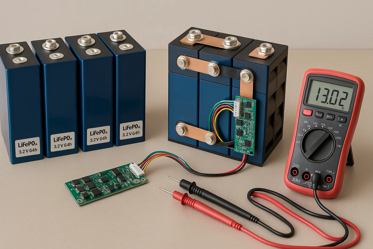 LiFePO₄ battery cells and assembled battery pack with multimeter and BMS on engineer's workbench