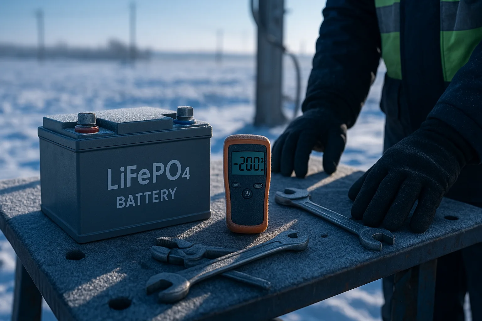 LiFePO₄ battery on a frosty outdoor workbench with a digital thermometer showing -20°C