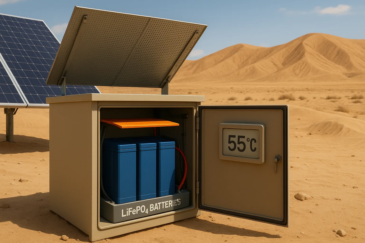Solar-powered cabinet with LiFePO₄ batteries under thermal shielding in desert heat