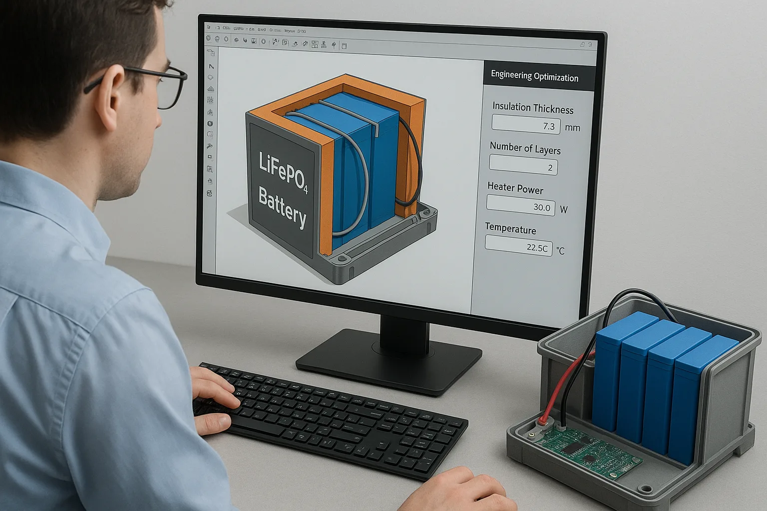 Engineer modeling LiFePO₄ battery insulation and heating system in CAD software