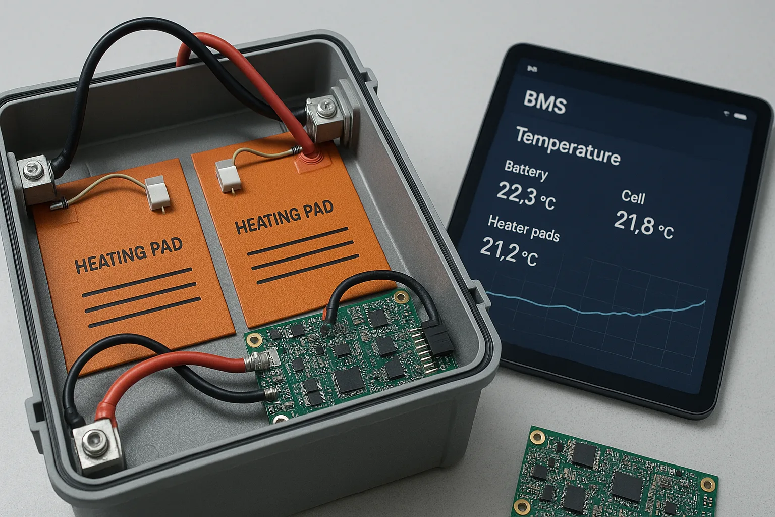 Opened LiFePO₄ battery pack with heating pads, thermal sensors, and BMS display