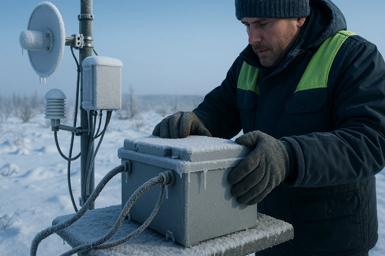 Technician inspecting a frost-covered battery box at an outdoor monitoring station