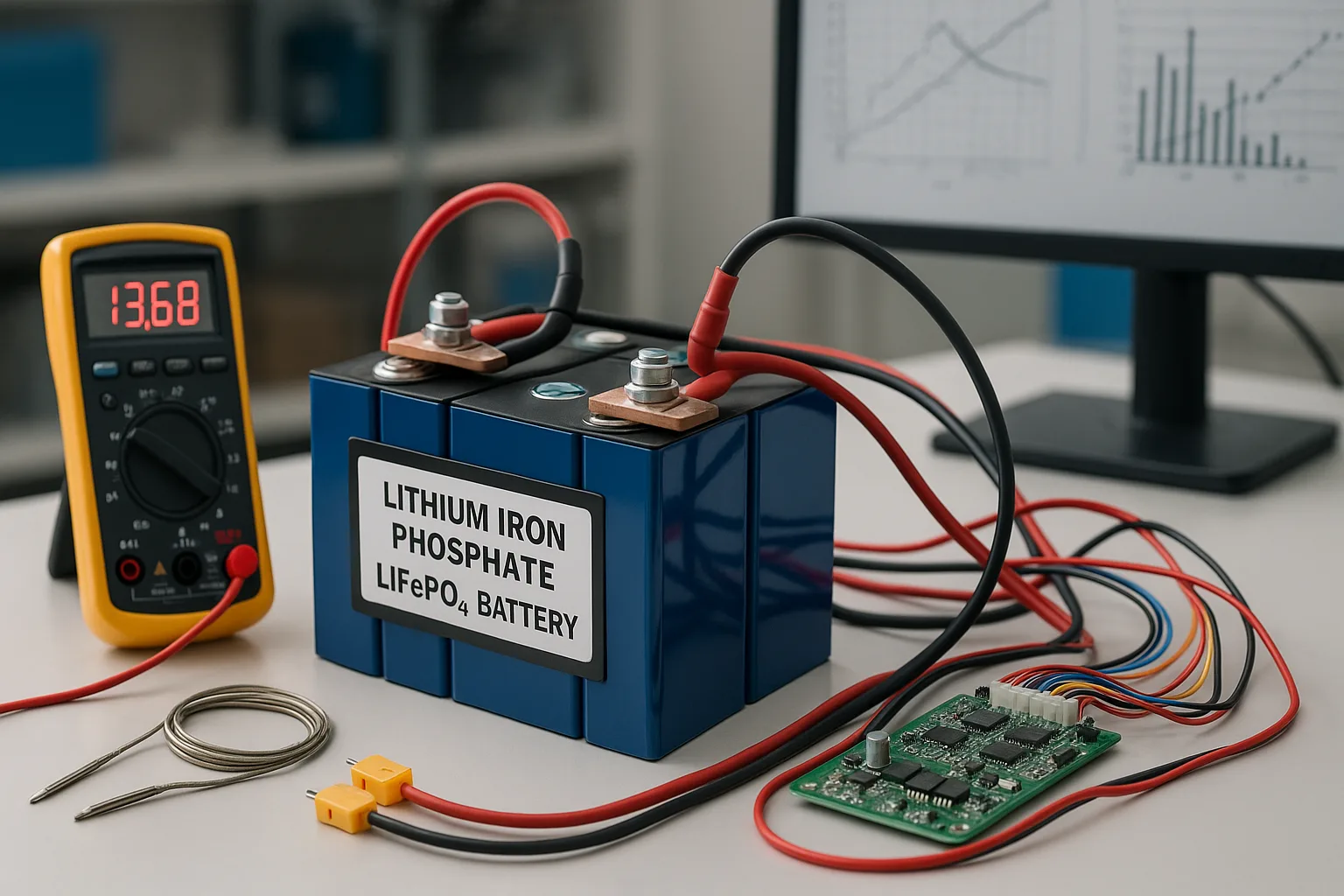 LiFePO₄ battery pack on a lab workbench with voltmeter, BMS board, and technical graphs