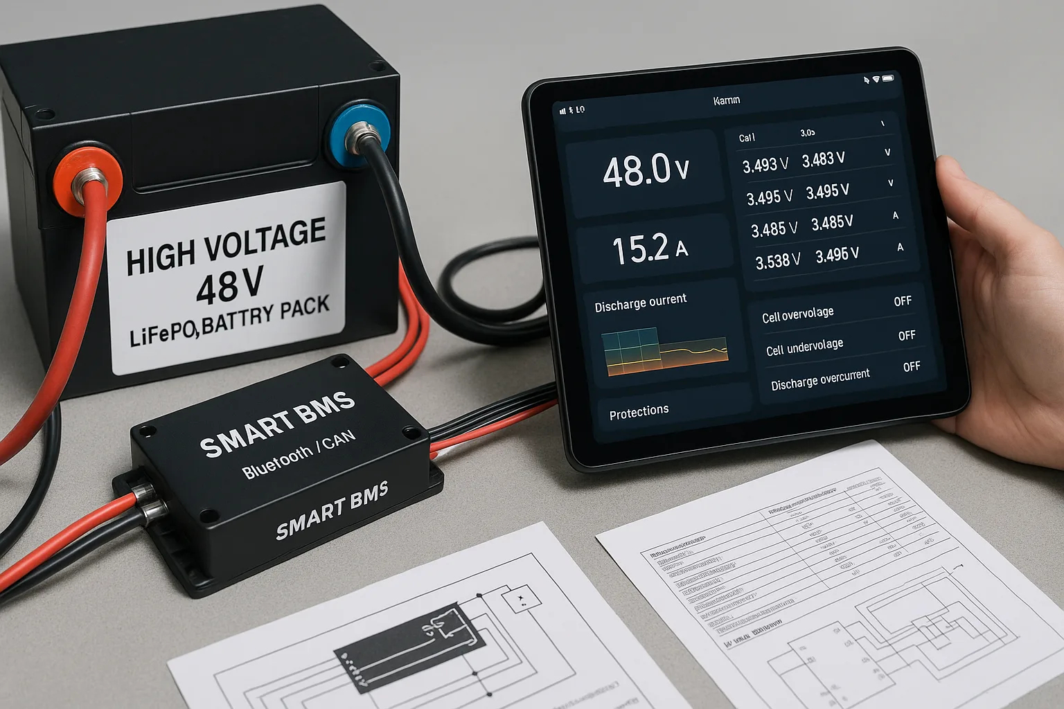 48V LiFePO₄ battery connected to smart BMS module, tablet showing real-time voltages and discharge current