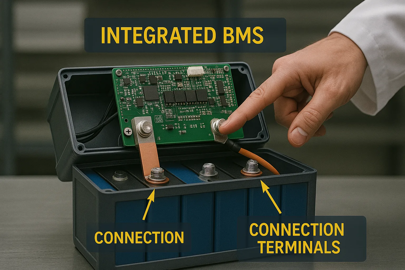  Opened LiFePO₄ battery case with integrated BMS and technician pointing at terminals