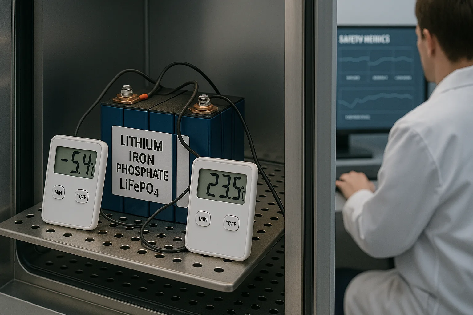 LiFePO₄ battery inside a climate chamber with -5.4°C and 23.5°C thermometers, technician monitoring metrics