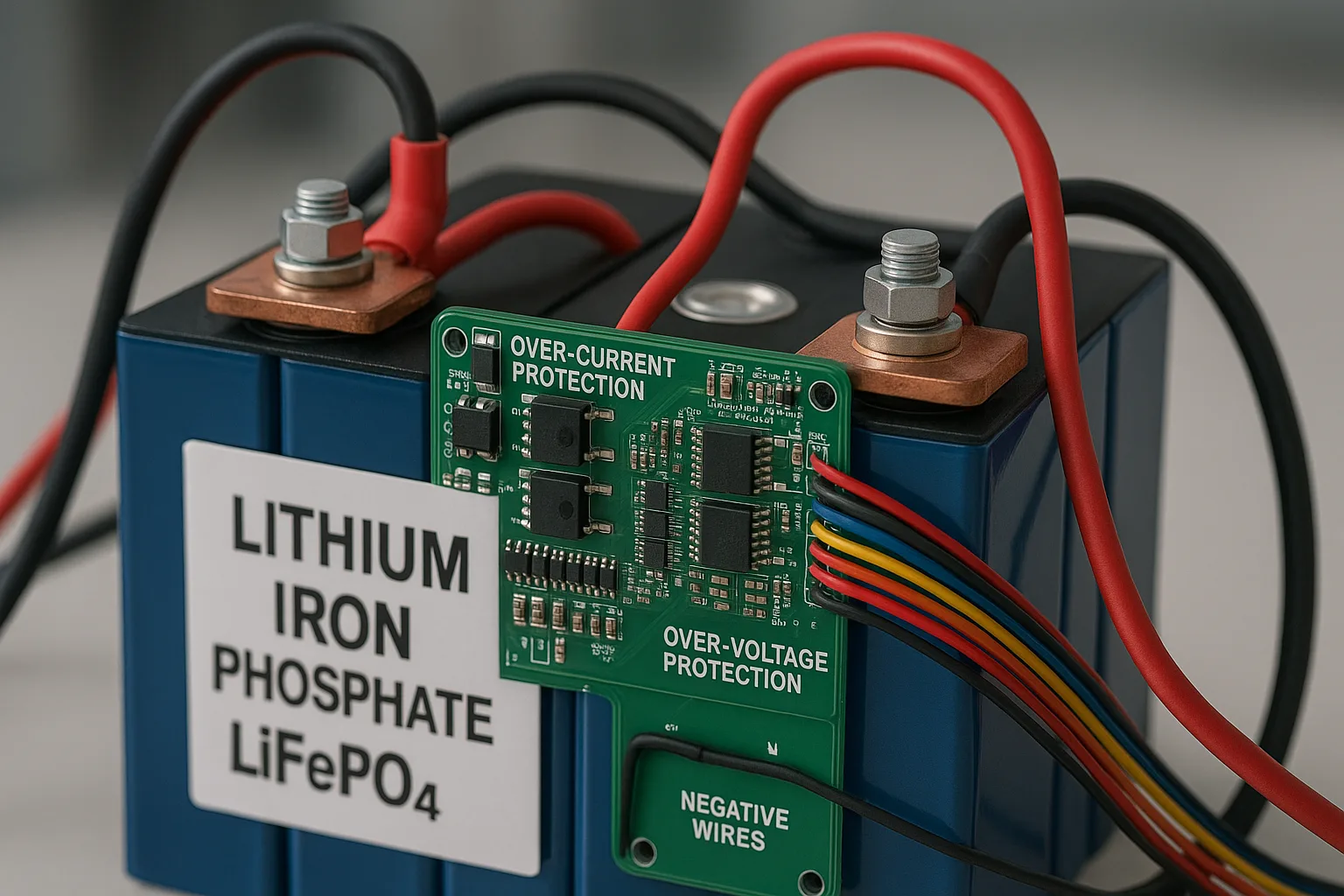 Close-up of LiFePO₄ battery pack showing internal BMS board and labeled wiring