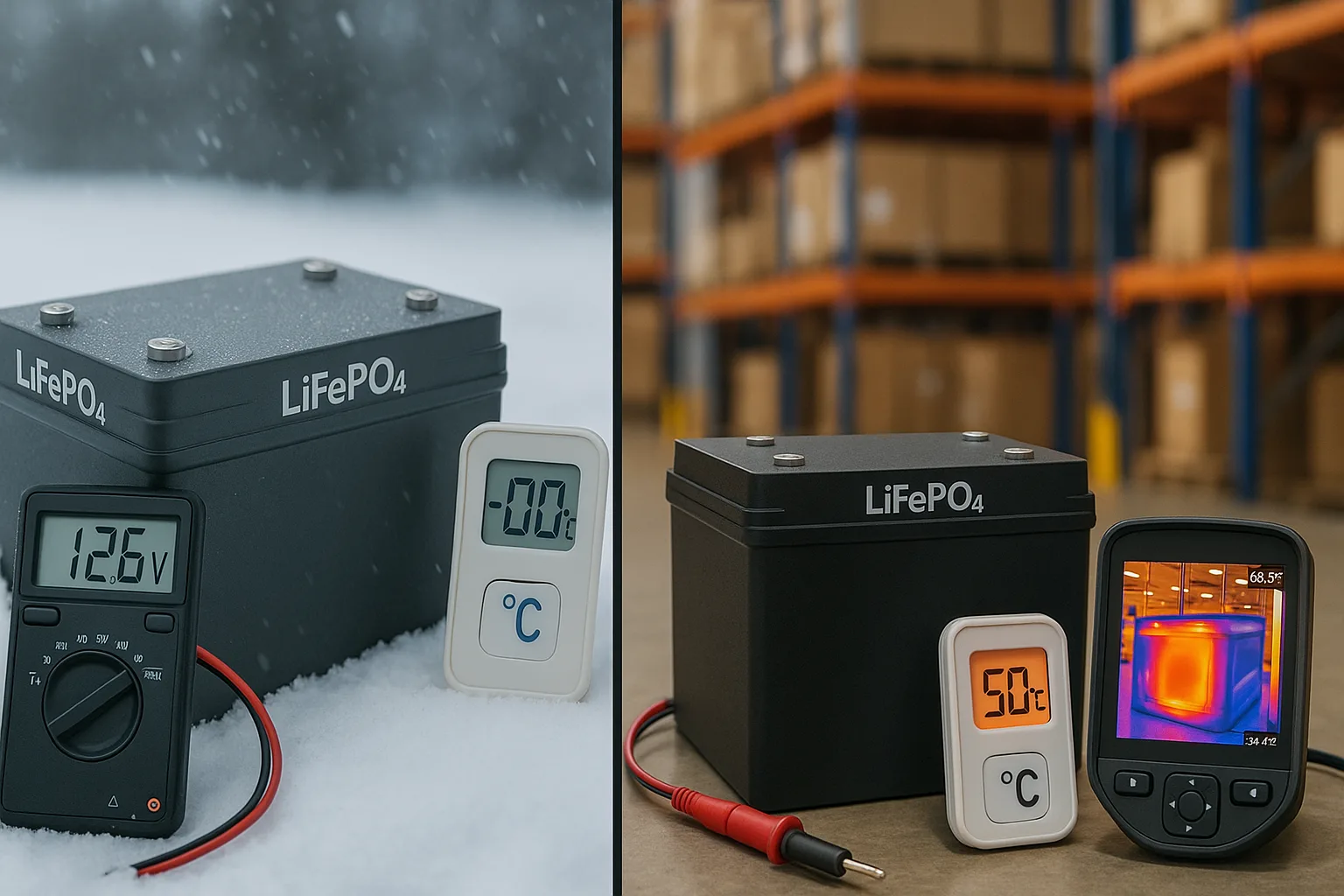 Split-screen of LiFePO₄ battery in -10°C snow and 50°C warehouse, showing voltage and thermal image