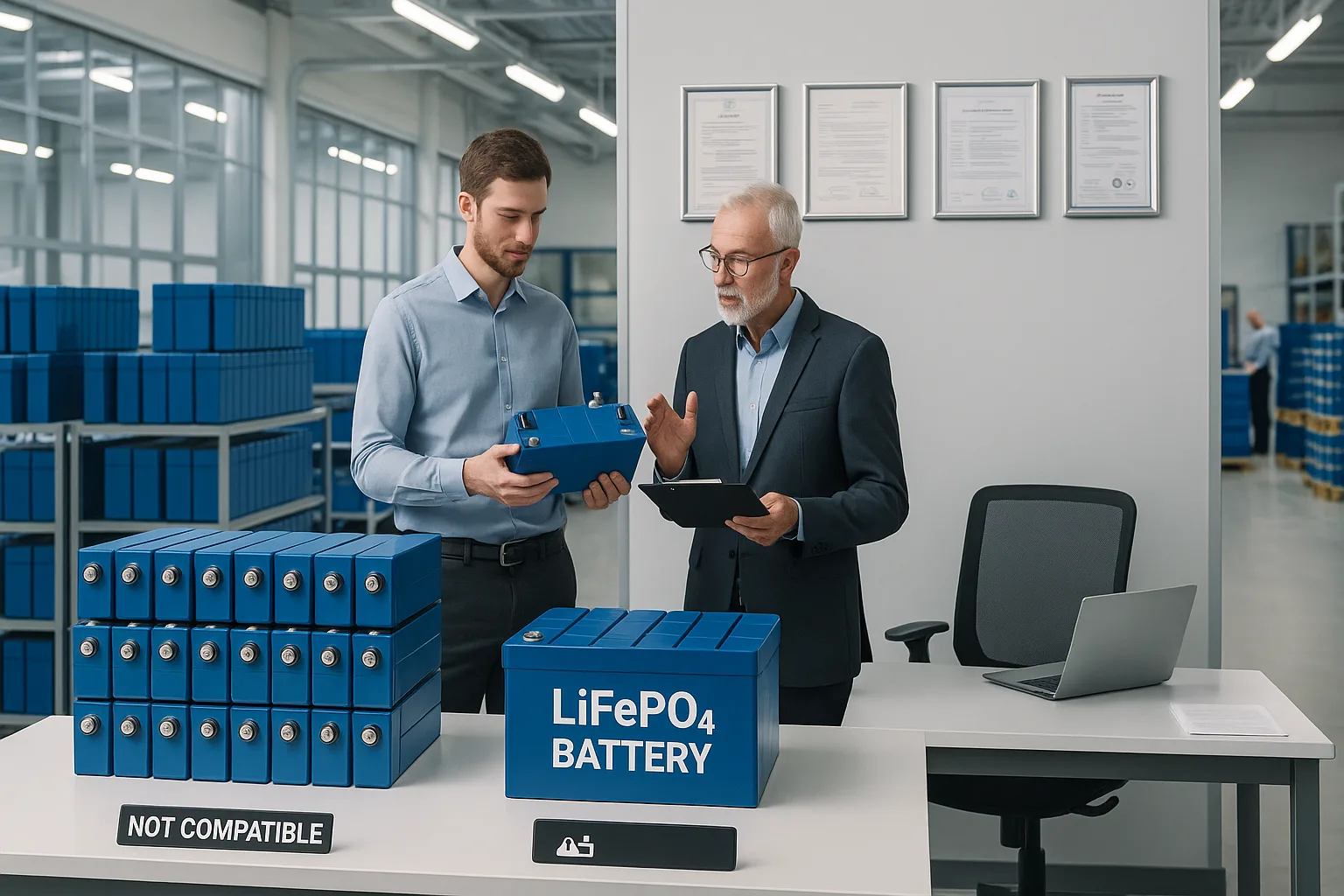 LiFePO4 battery manufacturing facility showing stacked battery packs, engineers inspecting products, and certification plaques on the wall