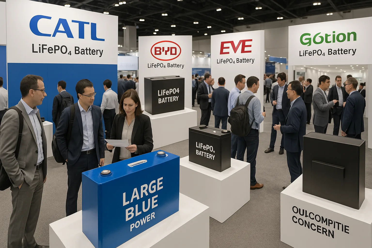 Industry expo booths of CATL, BYD, EVE Energy, and Gotion showcasing LiFePO4 battery products