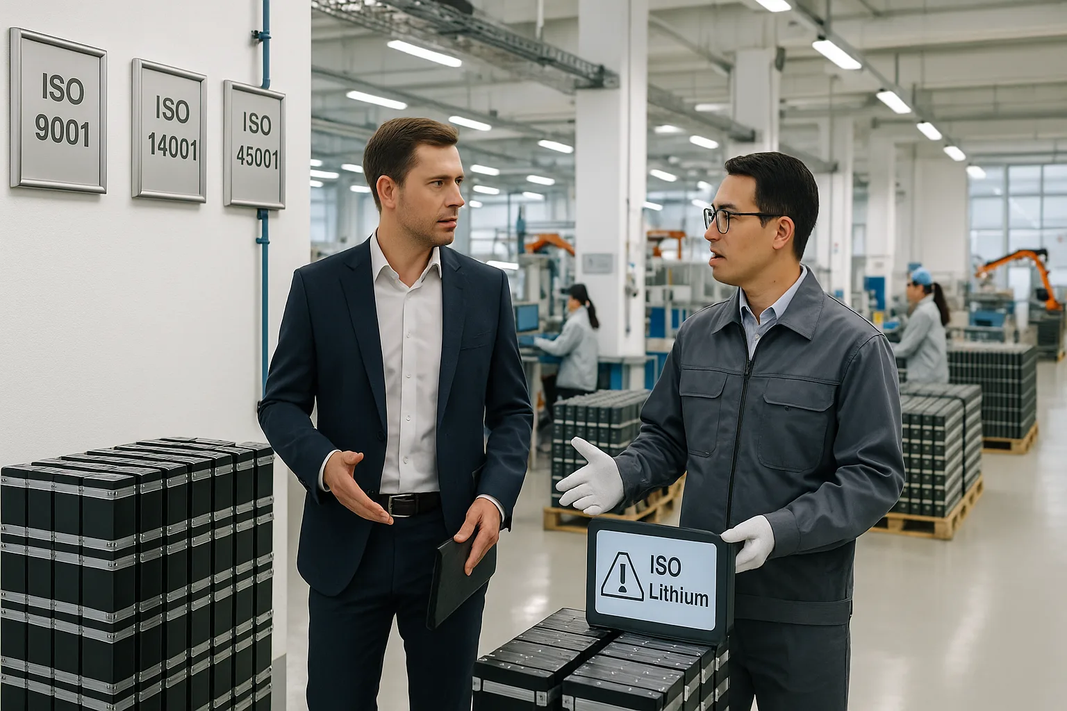 Business visitor touring LiFePO4 battery factory reviewing ISO certification plaques and assembly areas