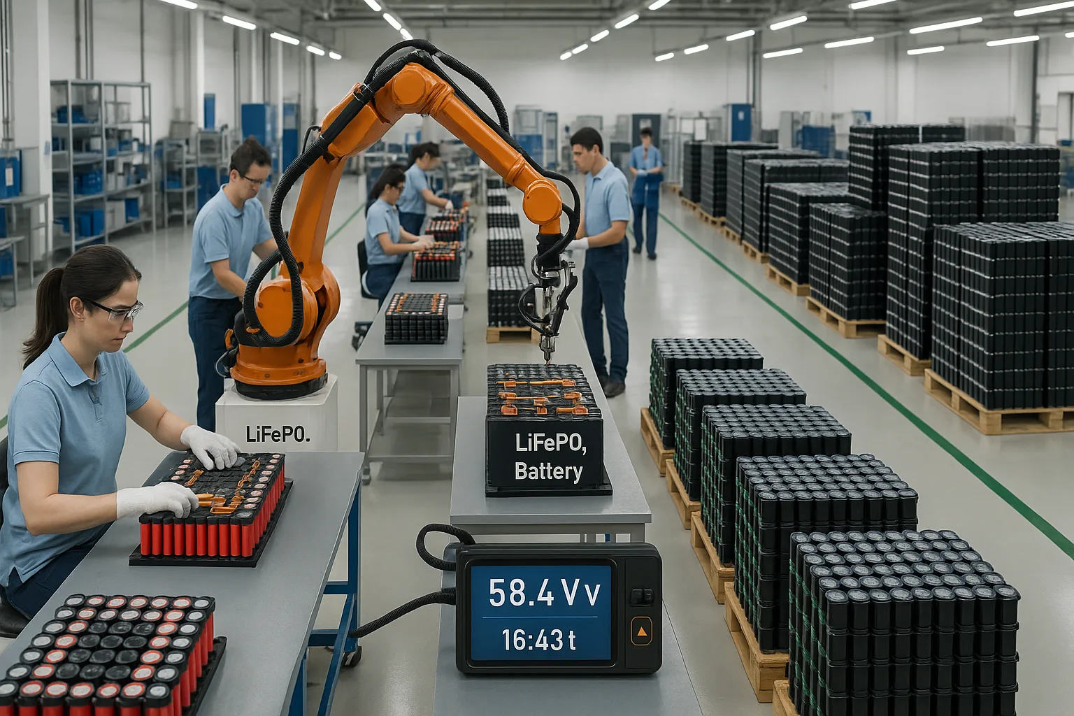 Wide-angle view of LiFePO4 battery production line with workers assembling packs, welding robots, and stacks of batteries