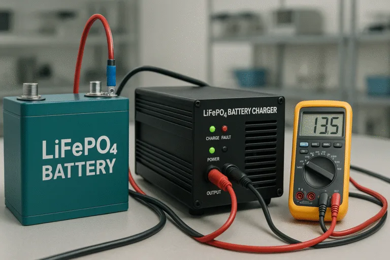 LiFePO4 battery pack connected to a professional LiFePO4 charger with multimeter showing voltage in technical lab