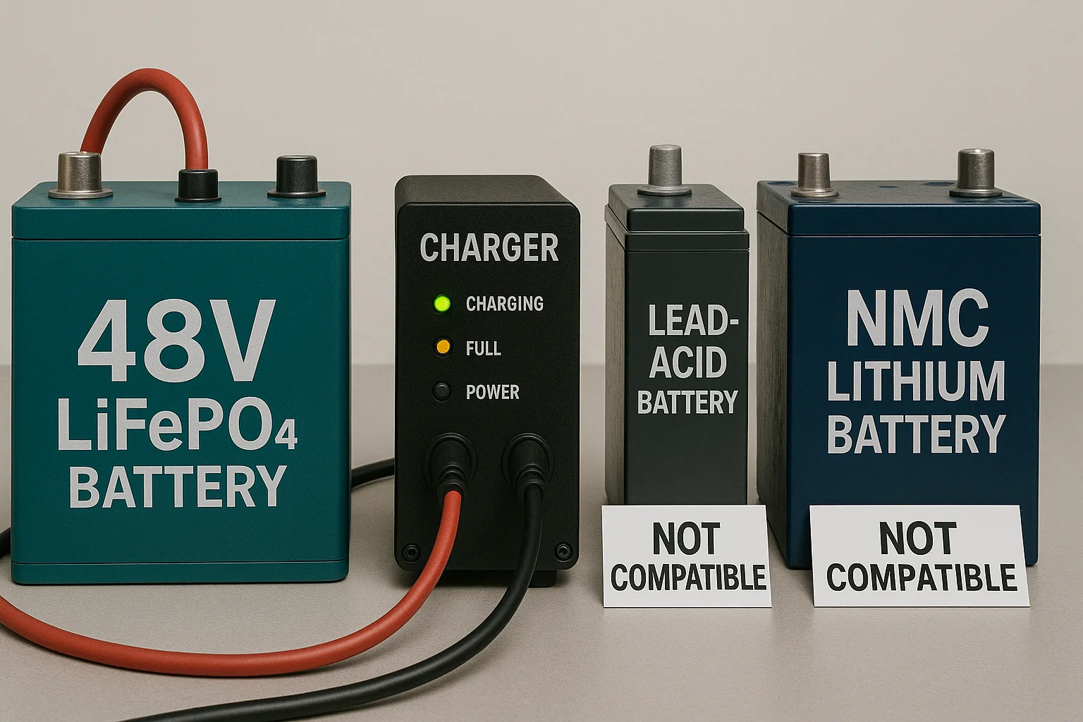 LiFePO4 battery charging while lead-acid and NMC lithium batteries marked not compatible