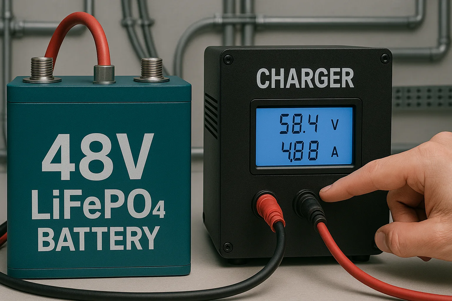 48V LiFePO4 battery pack connected to 58.4V professional charger showing voltage and current