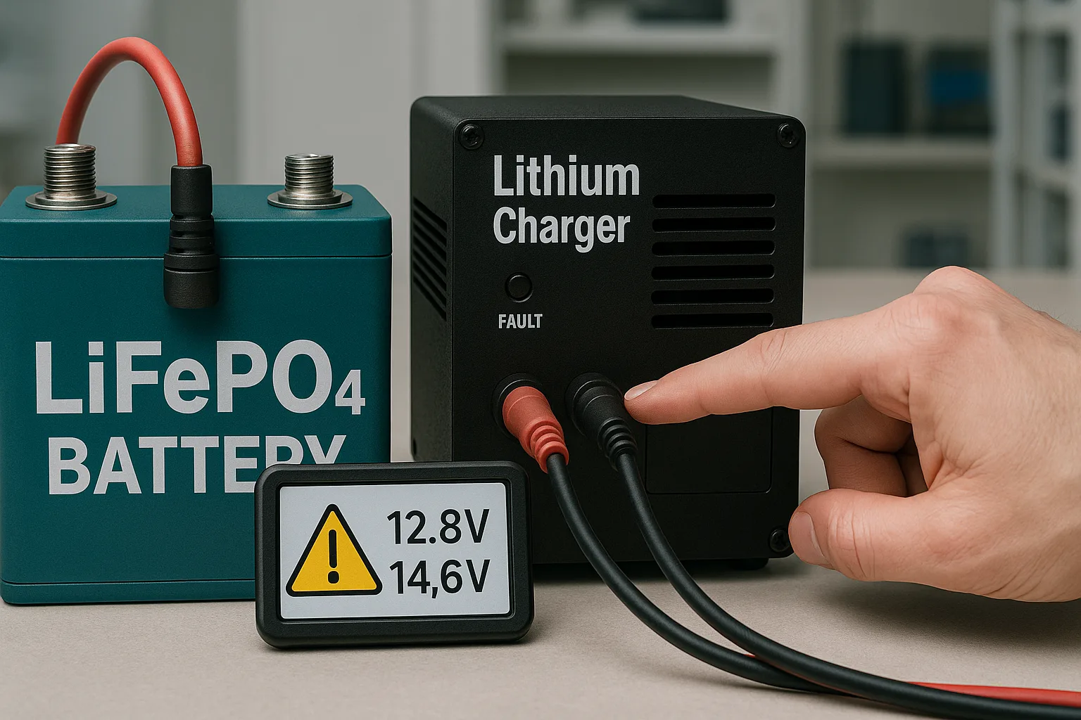 LiFePO4 battery connected to incompatible lithium charger with warning voltage mismatch on display
