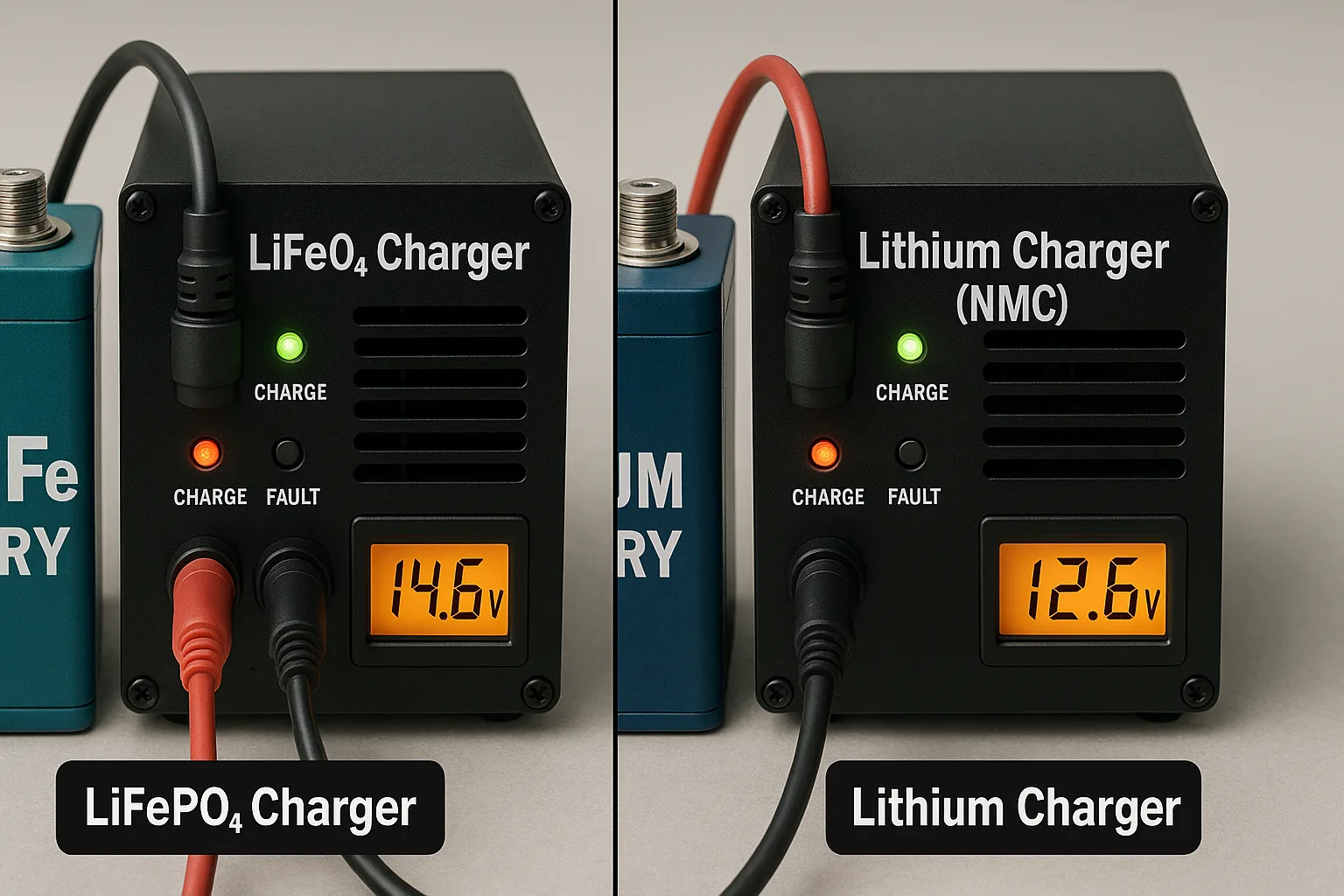 Side-by-side comparison of LiFePO4 charger and NMC lithium charger showing voltage difference