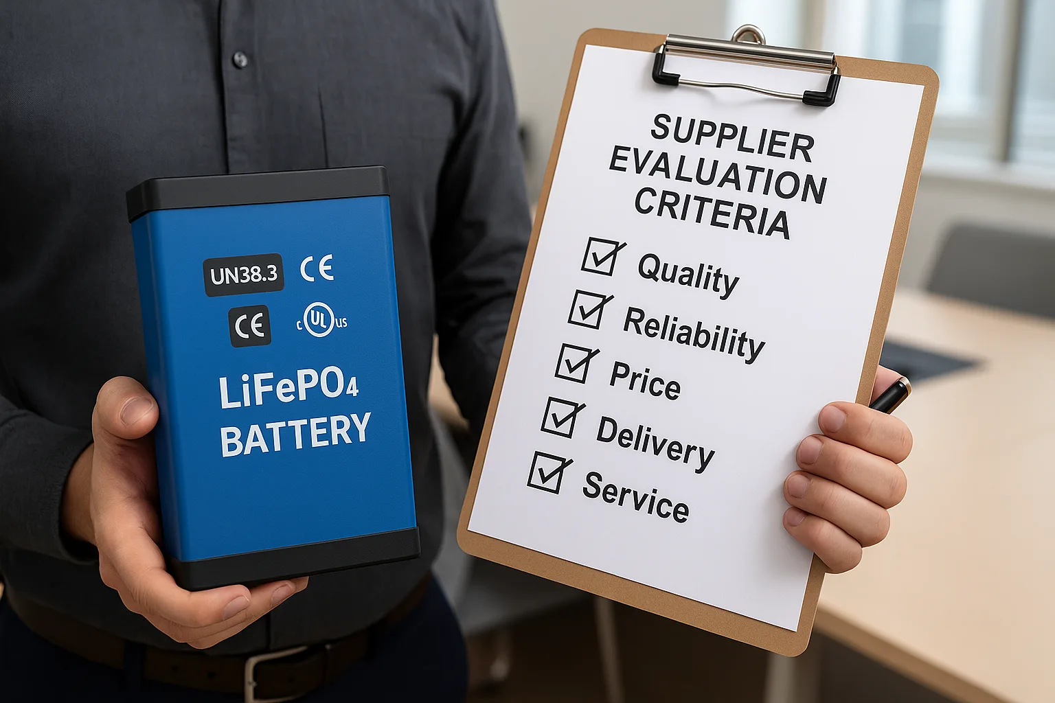 Engineer holding LiFePO4 battery with UN38.3 CE UL certification labels next to supplier evaluation checklist