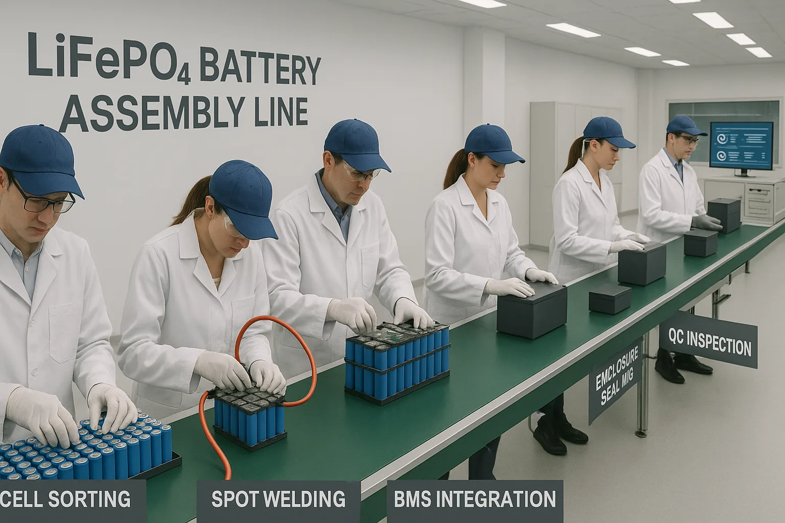 LiFePO₄ battery assembly line with workers performing cell sorting, welding, BMS integration, and QC inspection