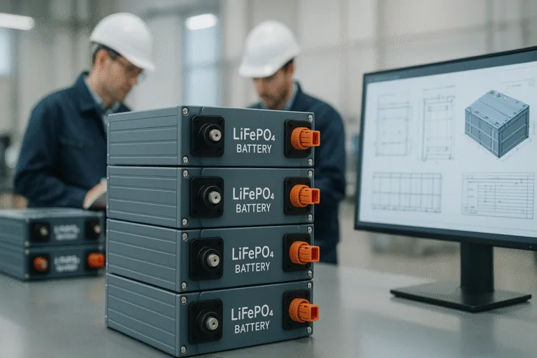 Stacked LiFePO₄ battery packs in clean industrial workspace with engineers inspecting