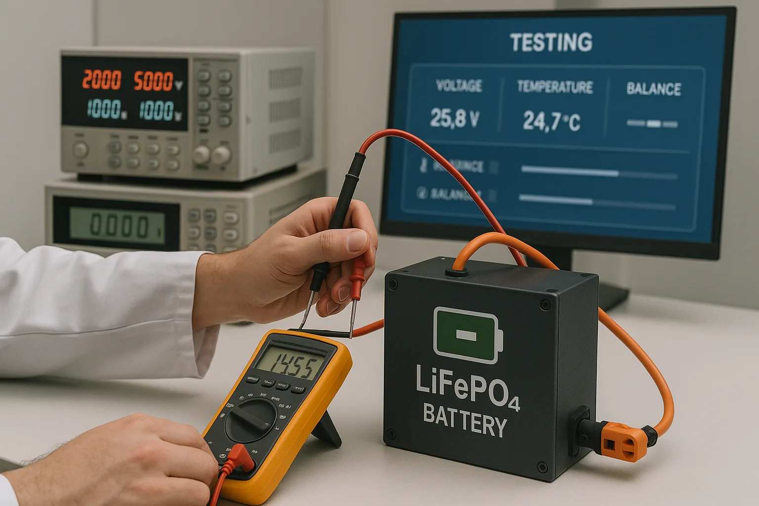 Technician testing LiFePO₄ battery pack voltage, temperature, and balance in lab