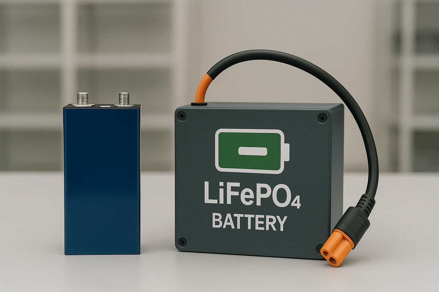 Side-by-side of single 3.2V LiFePO₄ cell and assembled battery pack