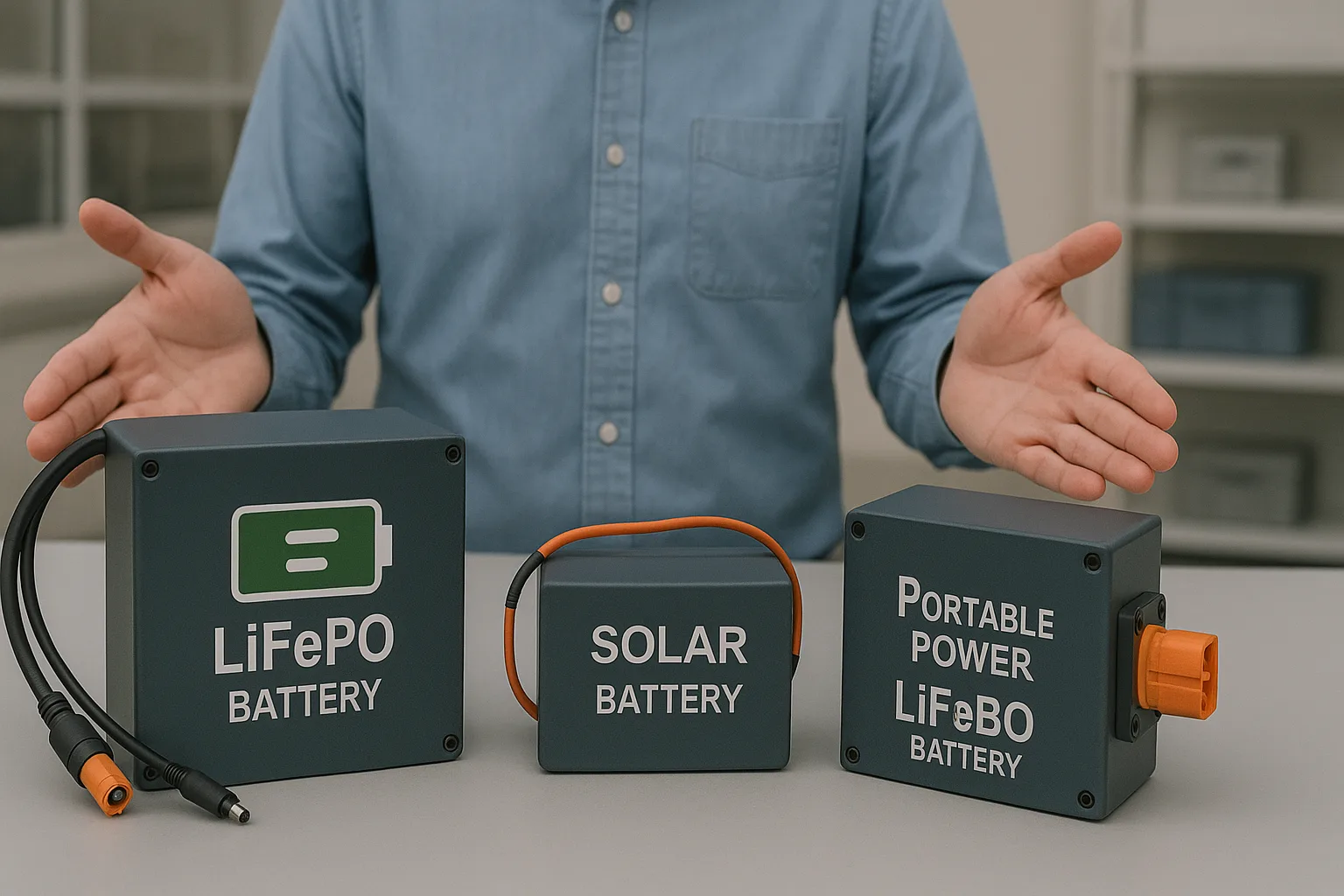 Engineer presenting custom LiFePO₄ battery packs for e-bike, solar, and portable power