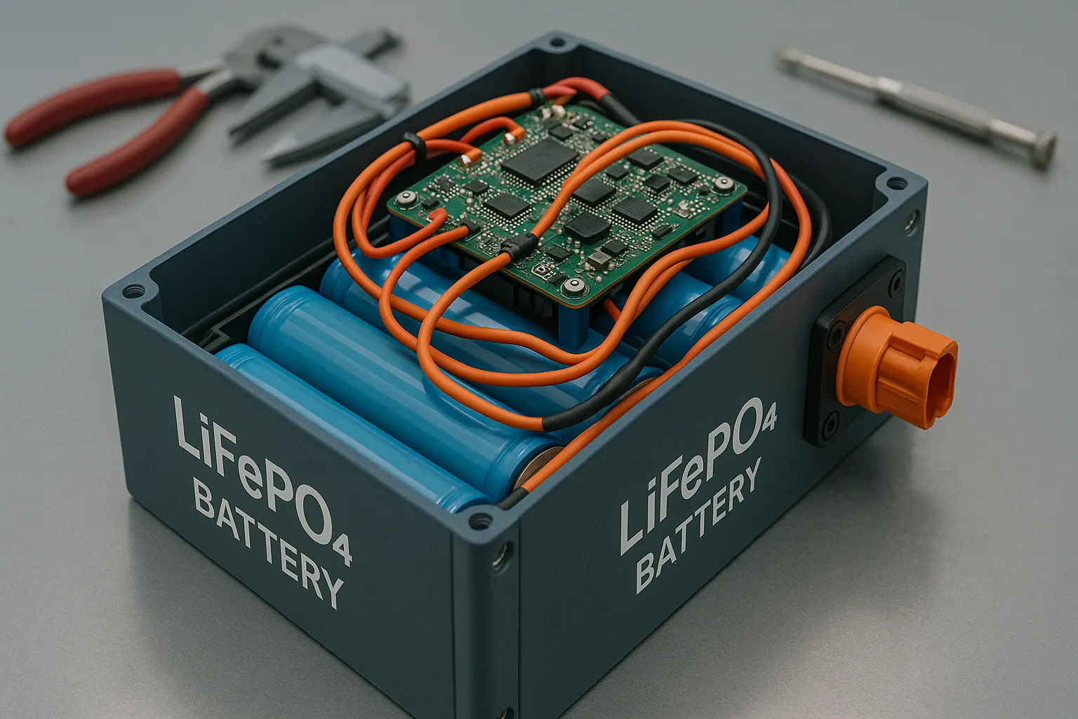 Open LiFePO₄ battery pack showing cells, BMS circuit, and wiring on workbench