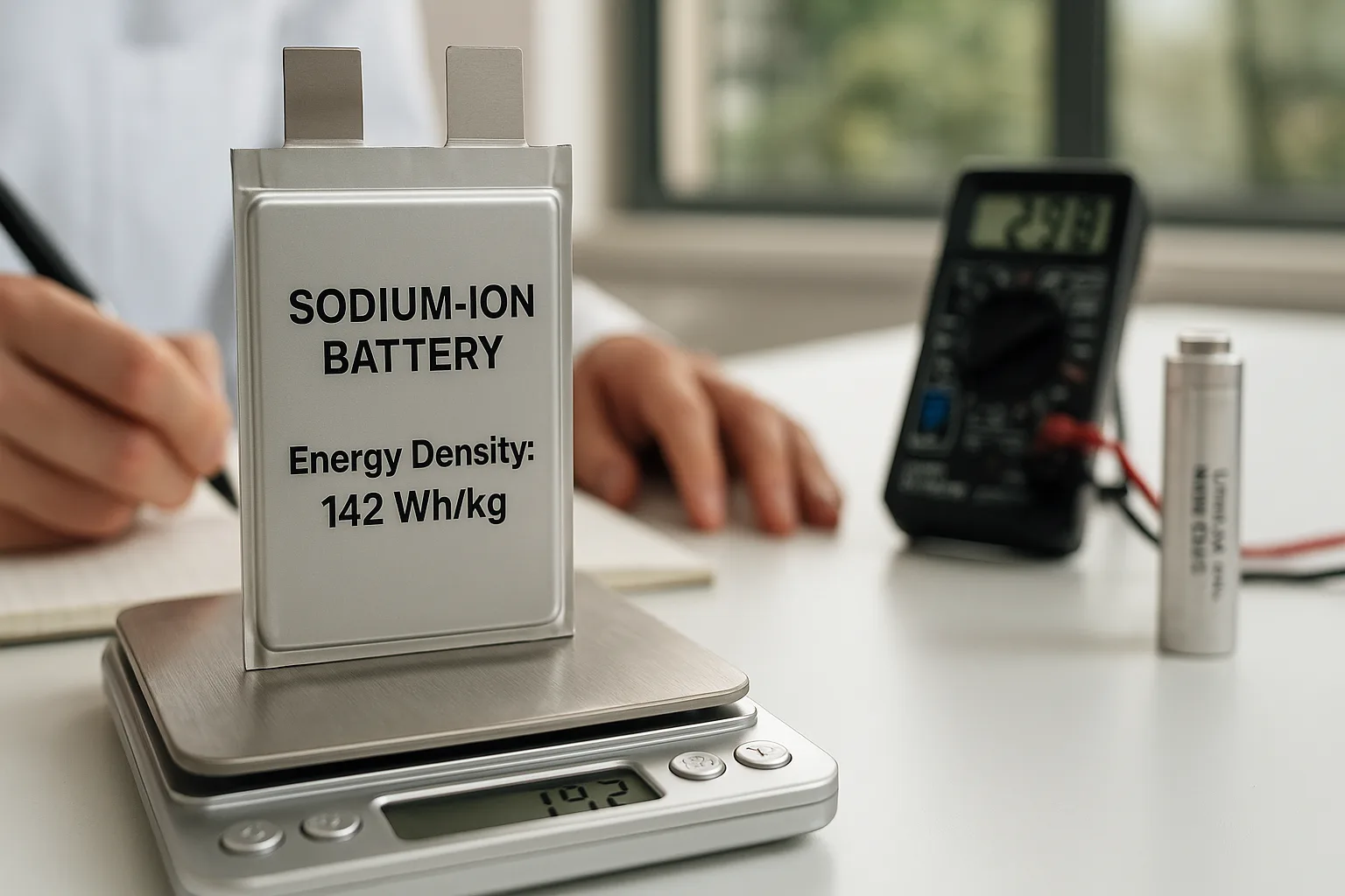 Close-up of a sodium-ion battery on a digital scale showing 142 Wh/kg, with a researcher recording data in a lab.