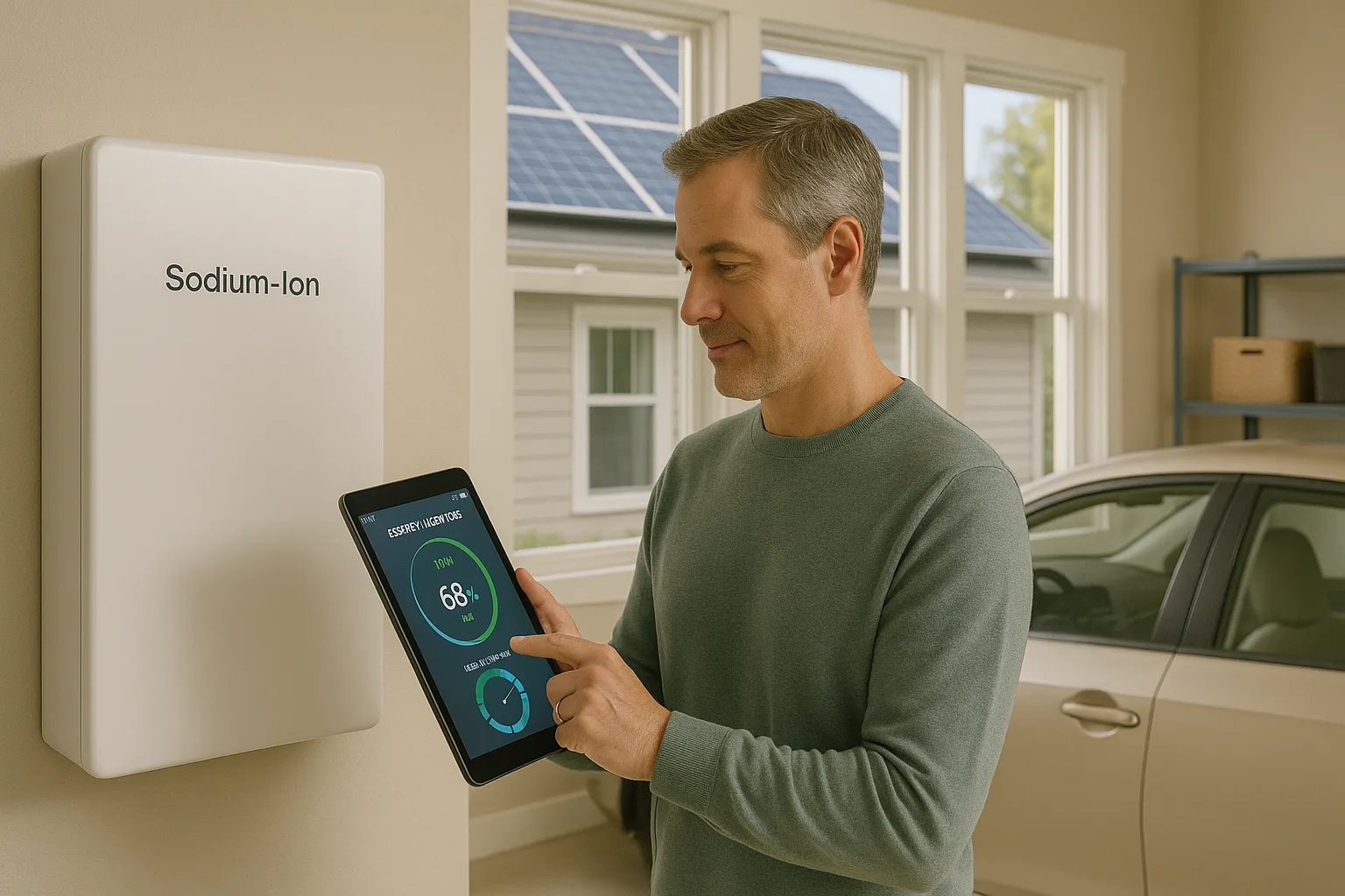 A man in a green sweater uses a tablet to monitor a sodium-ion battery system in his garage with solar panels visible through the window.