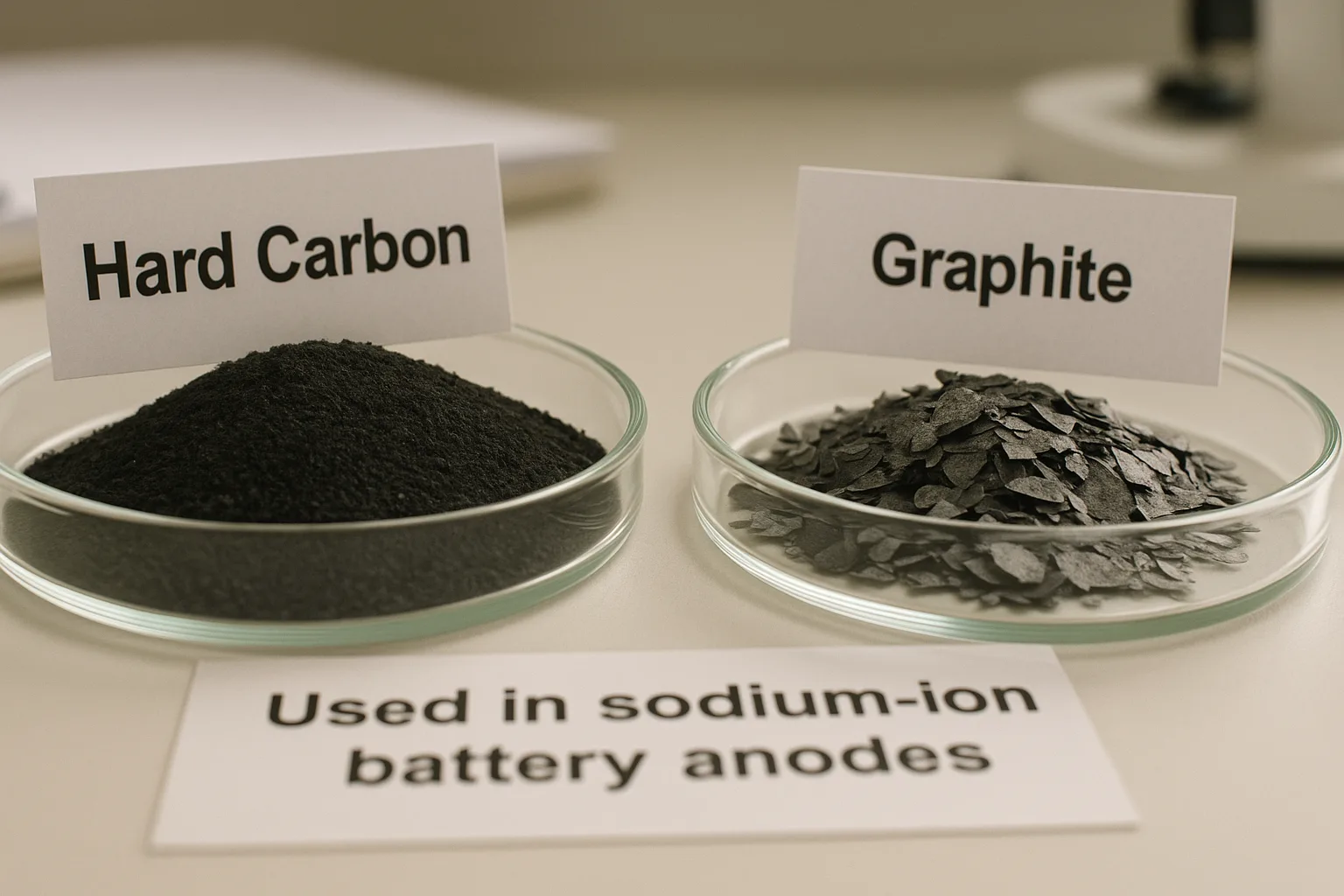 Close-up view of labeled petri dishes showing Hard Carbon powder and Graphite flakes, with a card reading “Used in sodium-ion battery anodes”; lab notebook and microscope blurred in background.