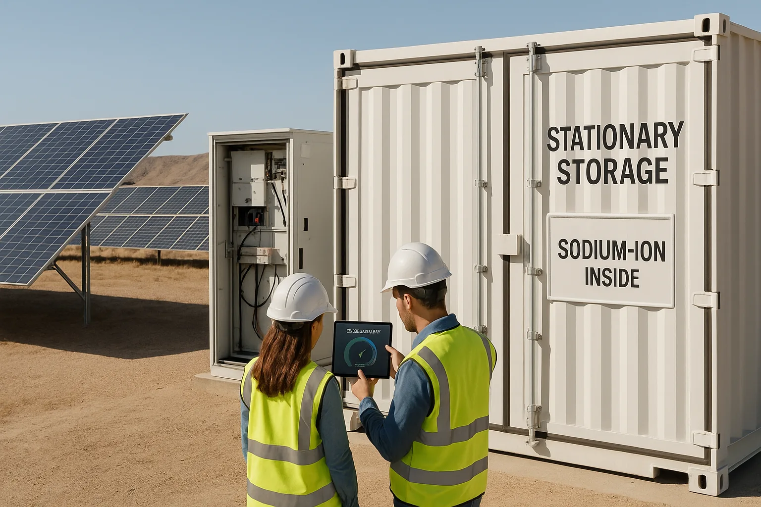 Engineers inspecting a solar-powered microgrid with a sodium-ion battery container labeled 'Stationary Storage – Sodium-Ion Inside'.
