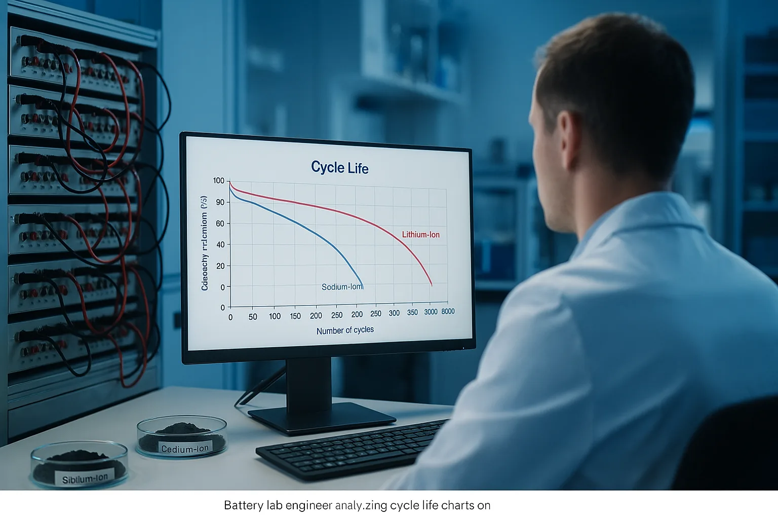  A battery lab engineer reviews a computer graph comparing lithium-ion and sodium-ion battery cycle life over 3,000 cycles, with sodium-ion cells connected in a test rack nearby.