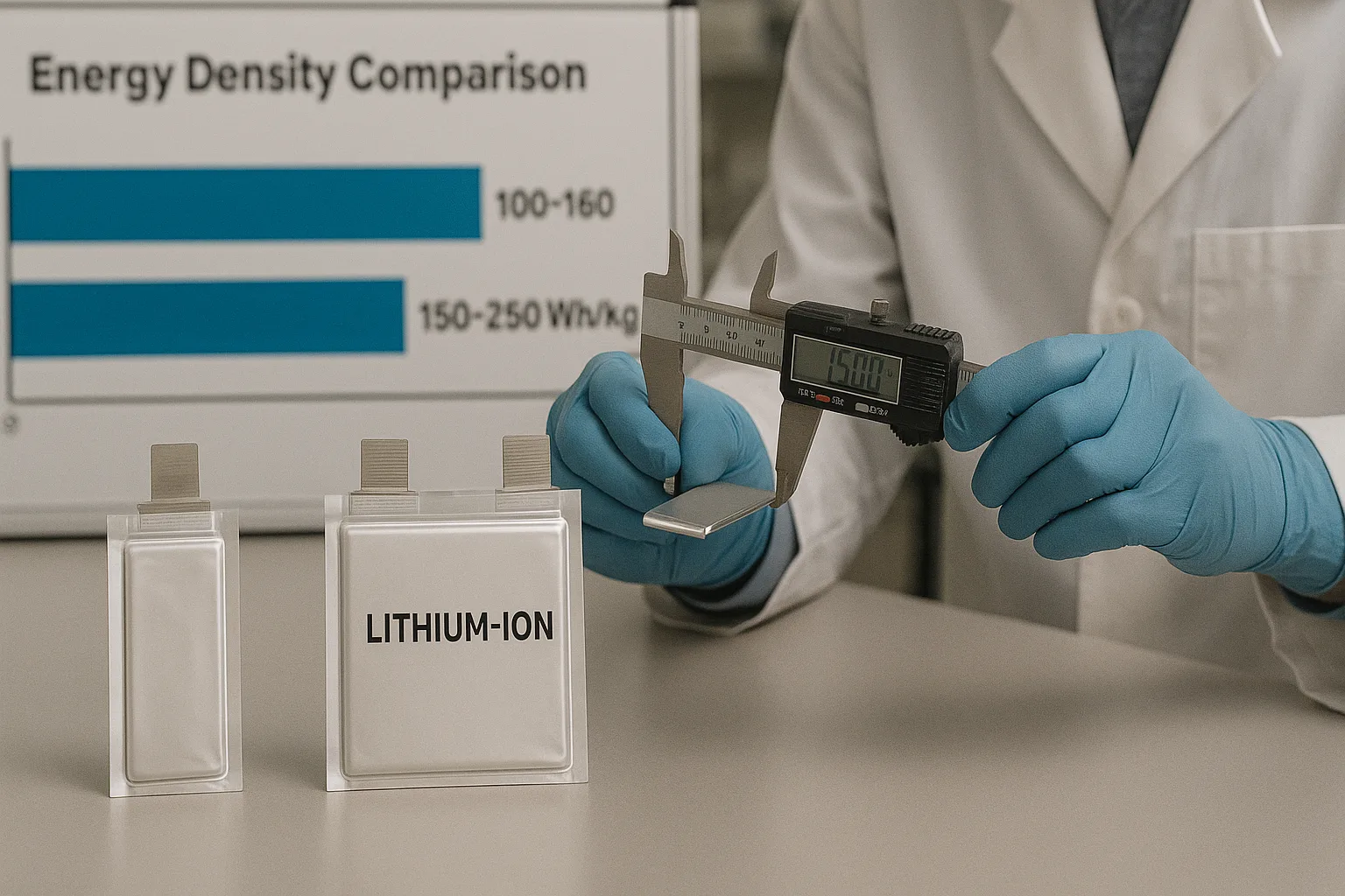  Engineer measuring sodium-ion and lithium-ion pouch cells with calipers, energy density comparison chart in the background.