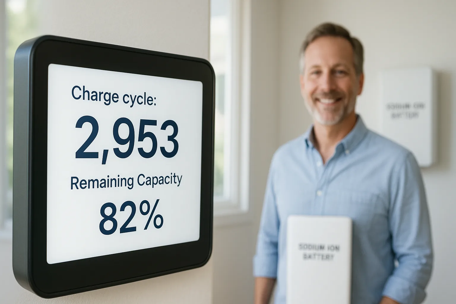A digital home battery monitor shows “Charge cycle: 2,953 | Remaining Capacity: 82%” while a homeowner smiles next to a wall-mounted sodium-ion battery in a naturally lit, modern room.