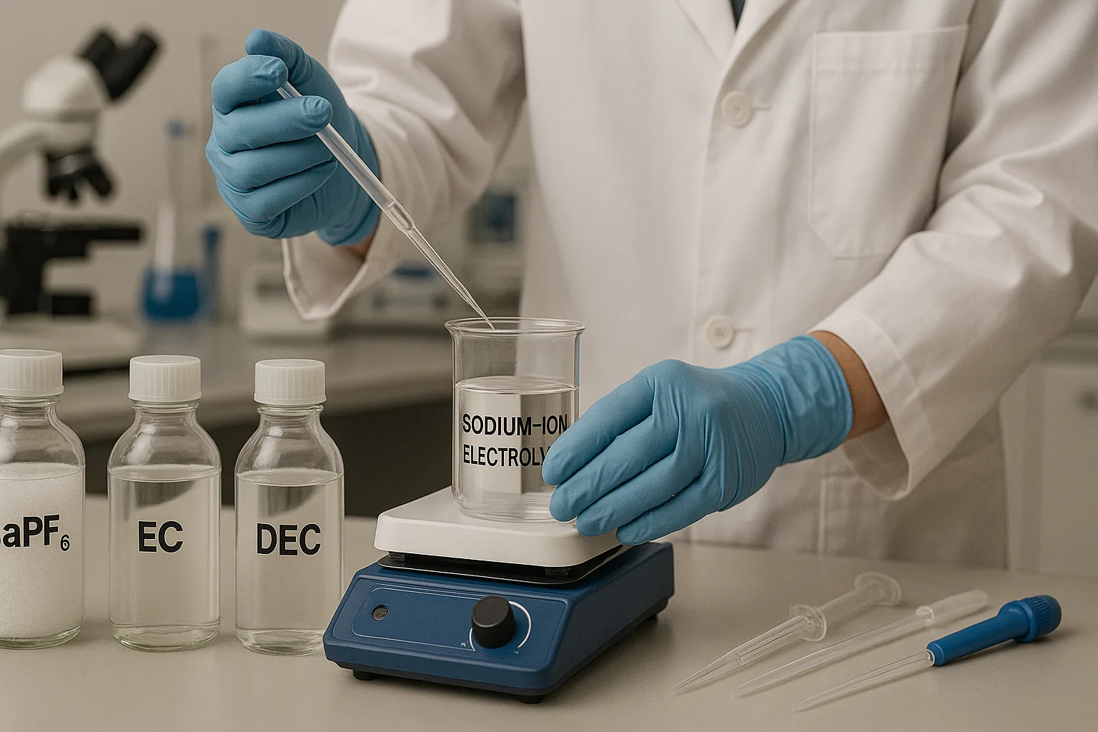  Lab technician preparing sodium-ion electrolyte with labeled NaPF₆, EC, and DEC bottles, using pipettes and a magnetic stirrer.